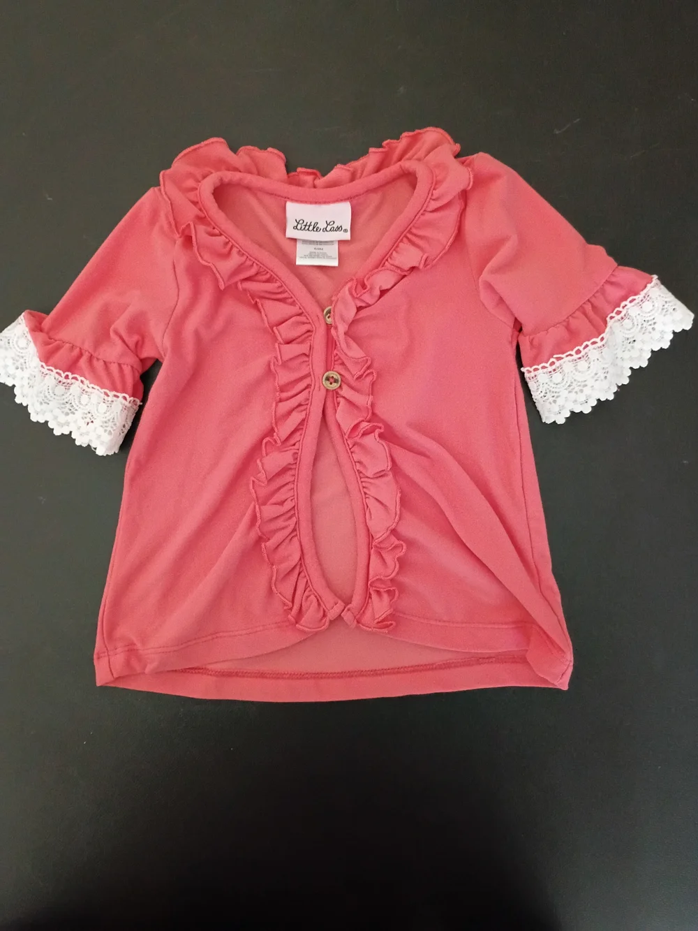 Little Lass Baby Girls Coral Pink Ruffled Cardigan Lace Trim Sleeve Short - (Siz